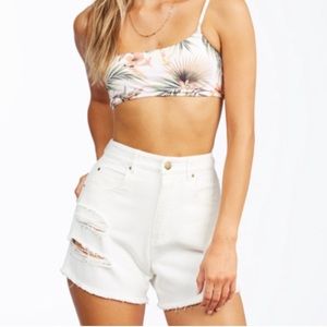 Billabong’s high rise raw hem denim shorts
